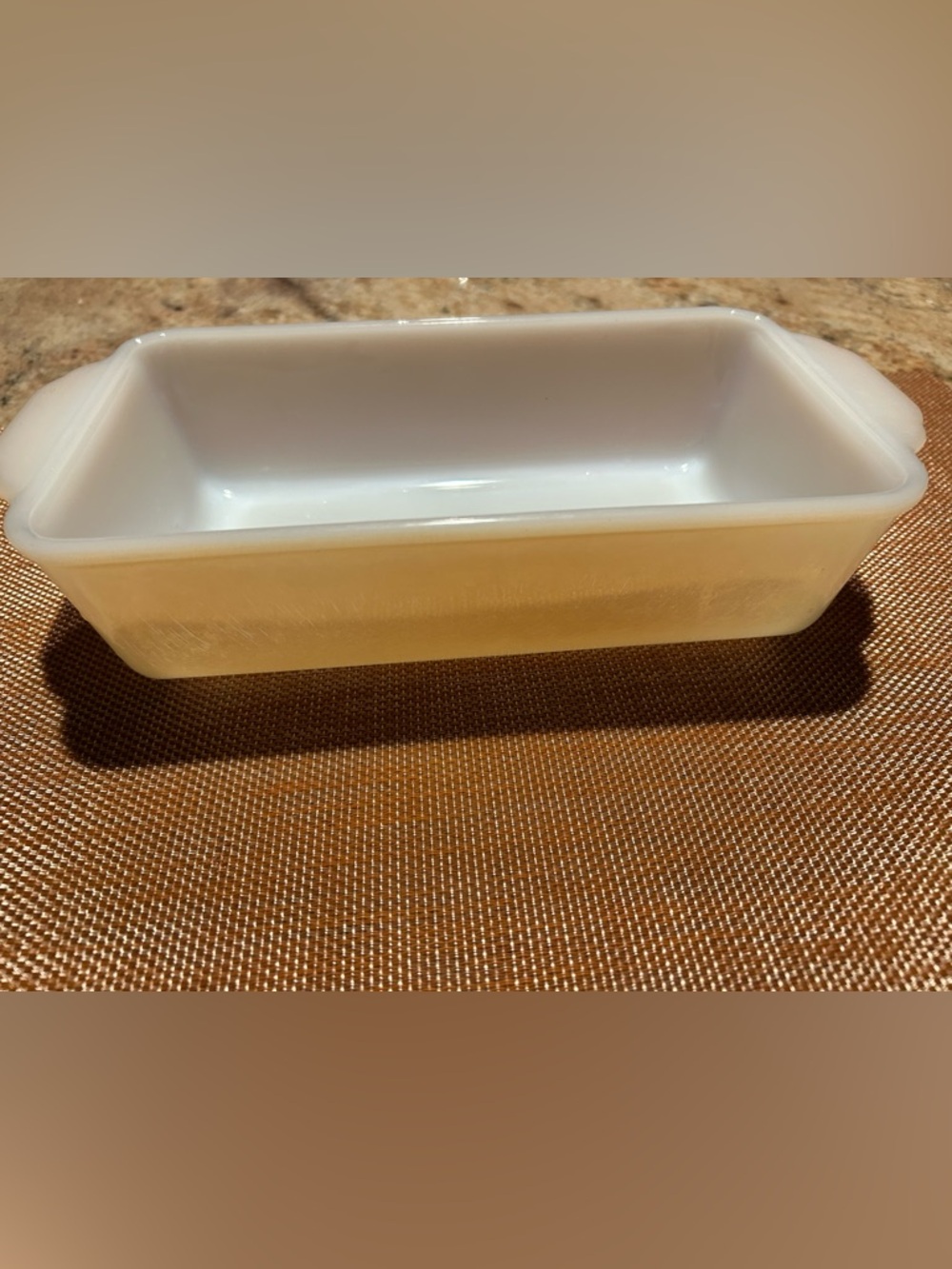 Fire King #409 Peach Lustre 1Qt. Loaf Baking Dish. 9” x 5” No chips or cracks.